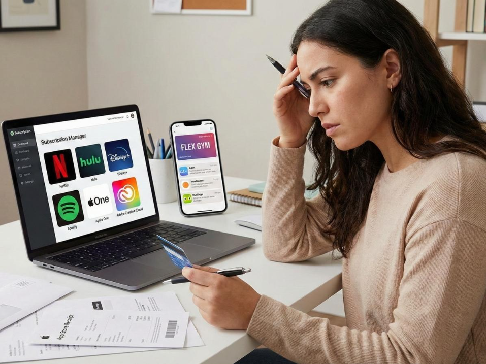 Woman reviewing digital subscriptions and monthly expenses on her laptop