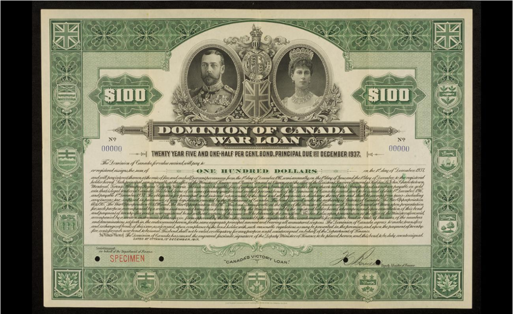 Historical $100 Dominion of Canada Victory Loan government bond issued in 1917
