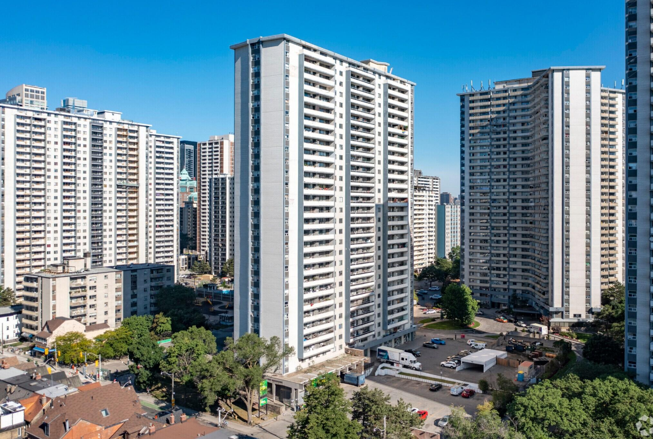 High-rise residential apartment buildings in an urban Canadian neighbourhood