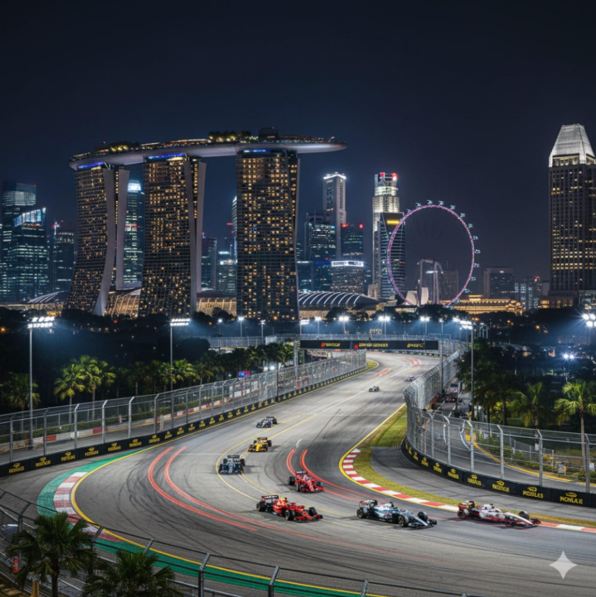 Formula 1 race circuit illuminated against Singapore's city skyline.