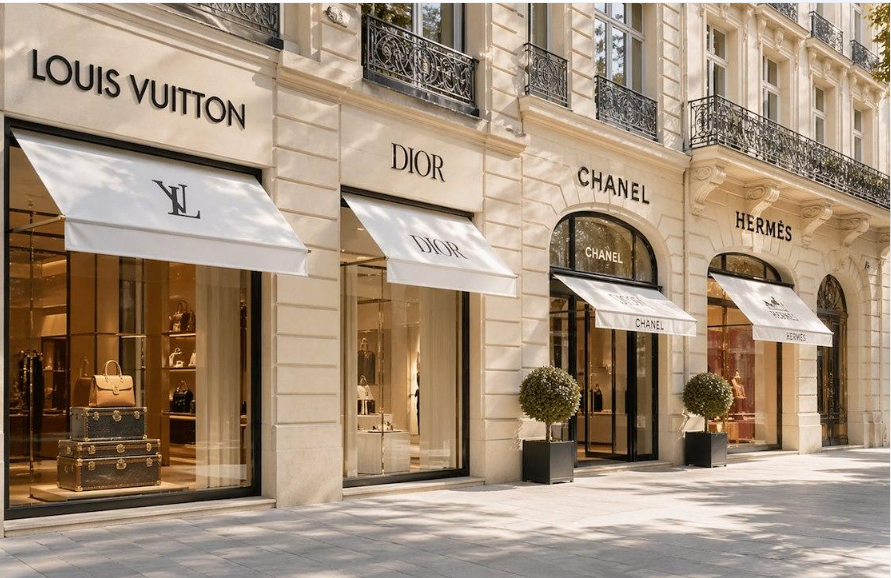 Luxury fashion boutiques along a prestigious shopping street in Paris.