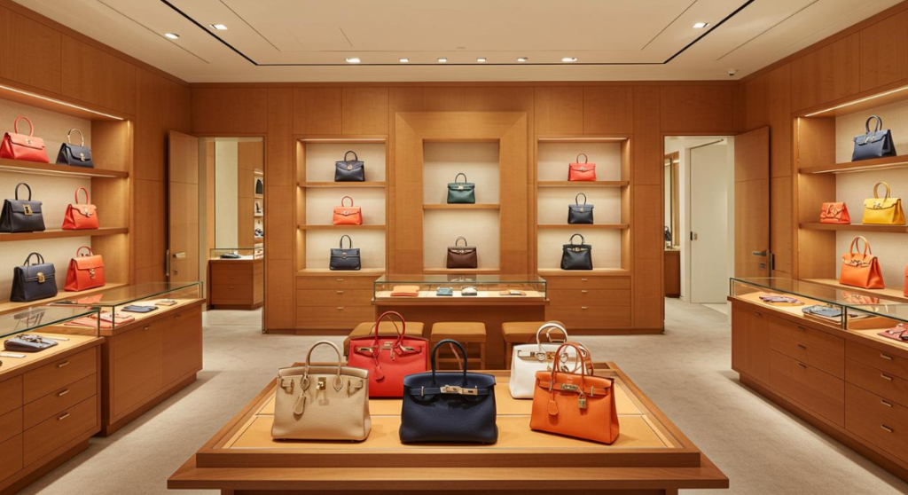 Luxury designer handbags displayed in an upscale boutique.