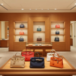 Luxury designer handbags displayed in an upscale boutique.