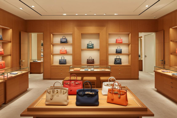 Luxury designer handbags displayed in an upscale boutique.