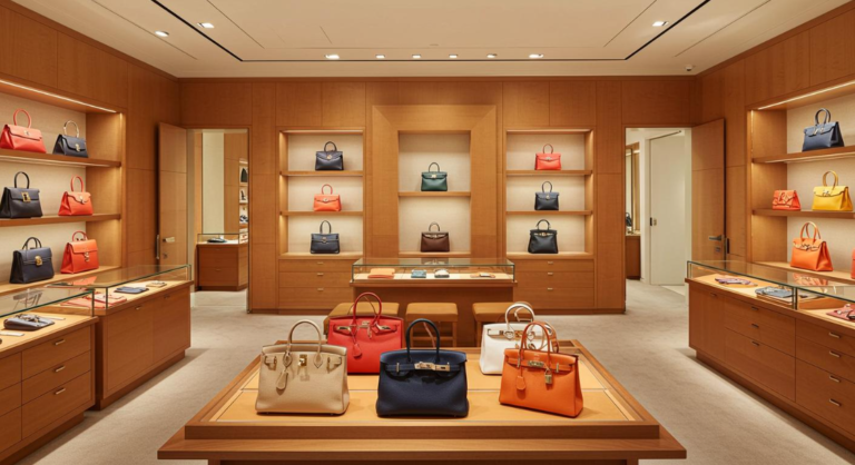 Luxury designer handbags displayed in an upscale boutique.