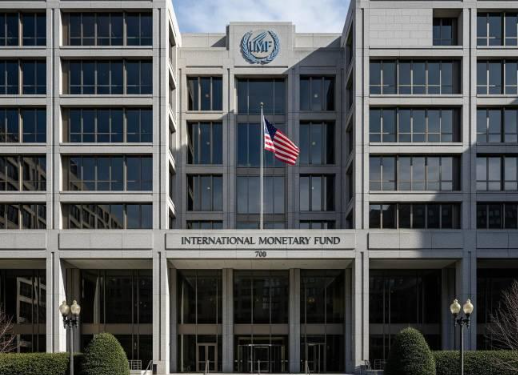 Exterior of the International Monetary Fund headquarters in Washington, D.C., with the IMF sign and American flag.