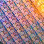 Close-up of a silicon wafer containing semiconductor chips.