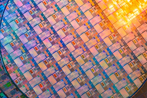 Close-up of a silicon wafer containing semiconductor chips.