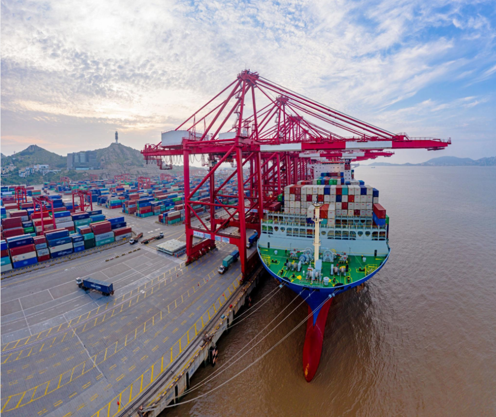 Container ships and cargo cranes at a major international shipping port.