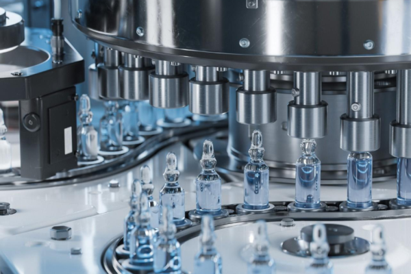 Automated pharmaceutical production line manufacturing medicines in a modern facility.