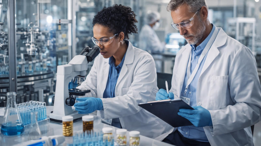 Pharmaceutical researcher examining medicine samples in a modern laboratory.