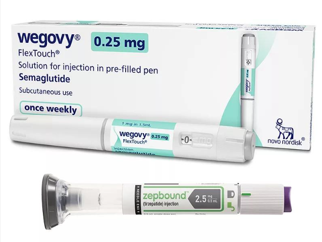 Prescription injection pens used in obesity treatment displayed in product packaging.