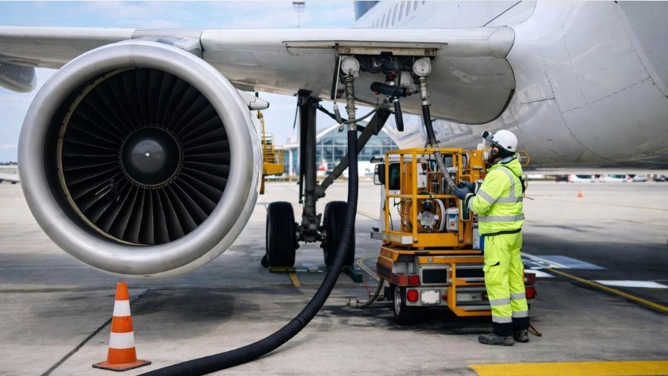 Commercial passenger aircraft on an airport apron during ground operations.