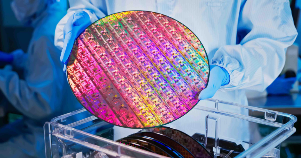 Semiconductor wafers and advanced chips inside a manufacturing facility.
