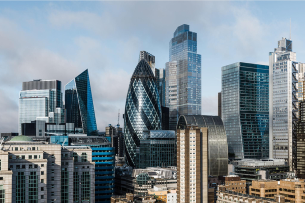 Modern skyscrapers in the City of London financial district.
