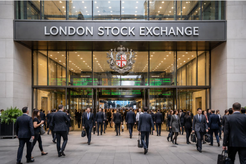 Entrance to the London Stock Exchange in Paternoster Square, London