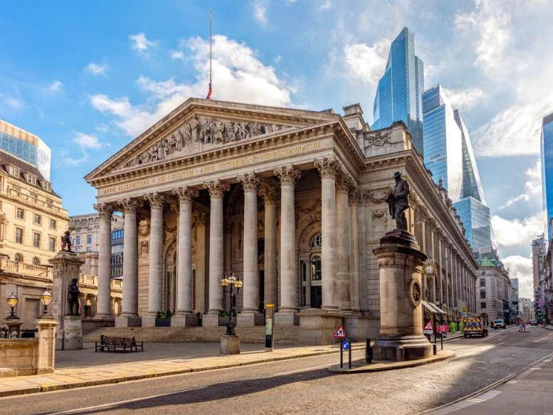 Exterior of the Bank of England headquarters on Threadneedle Street in London.