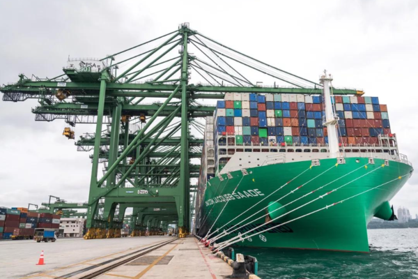 Large green container ship docked beside cargo cranes at a commercial shipping terminal, with stacked containers on deck.