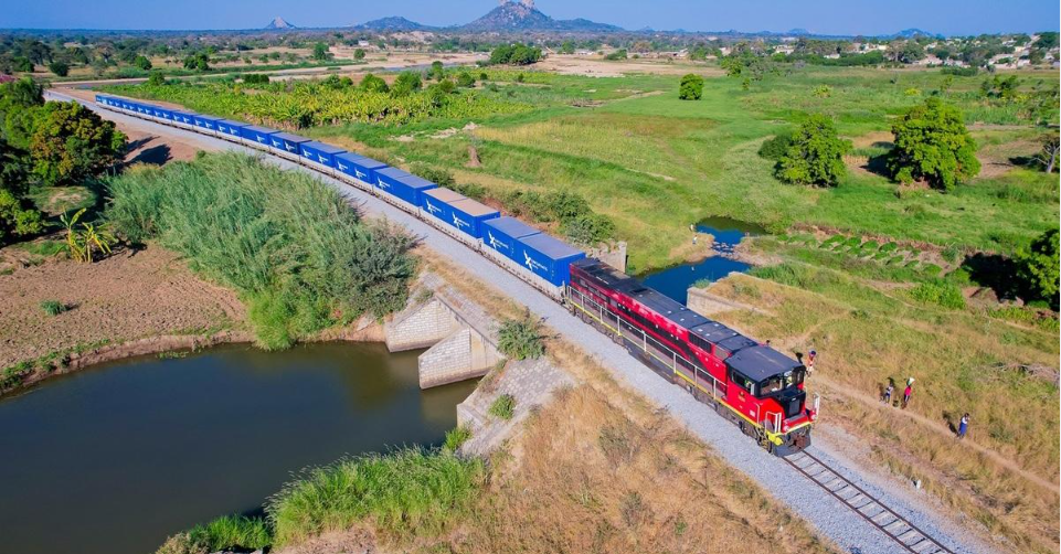 Freight railway infrastructure transporting cargo along an African trade corridor.