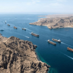 Oil tanker transporting petroleum through an international shipping route.