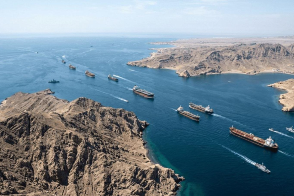 Oil tanker transporting petroleum through an international shipping route.