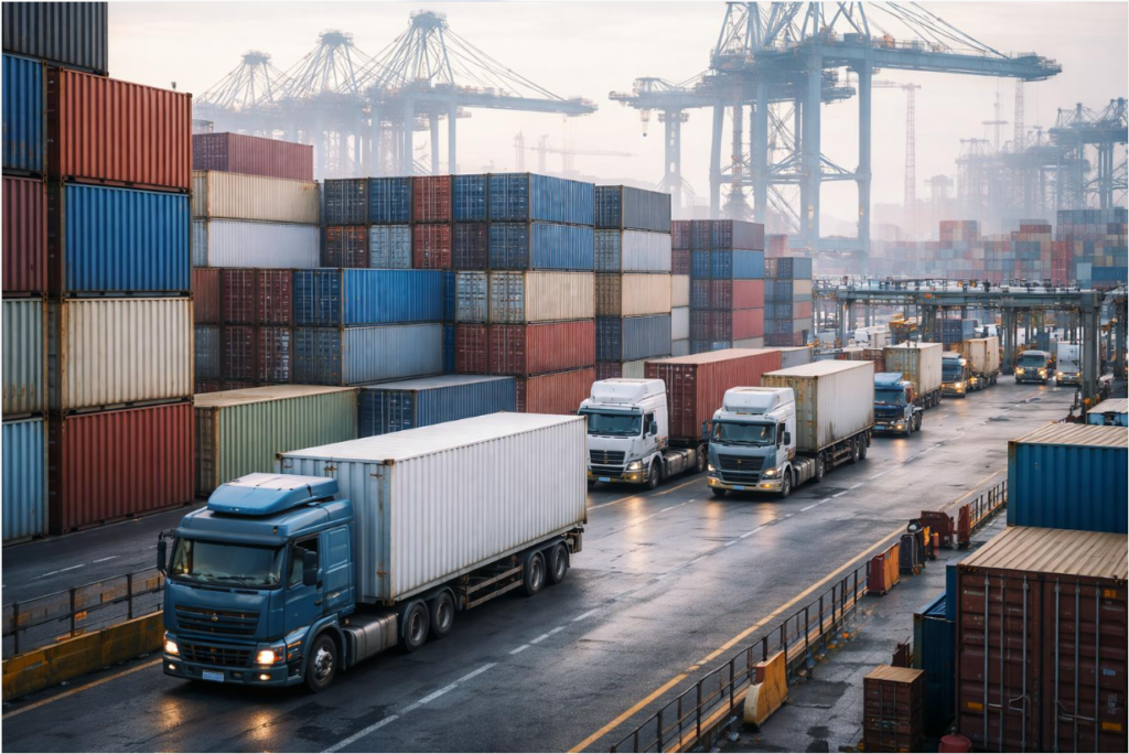 Commercial freight trucks and shipping containers at a logistics facility.