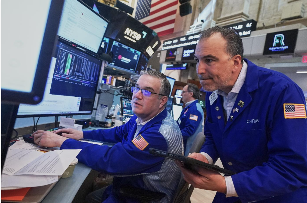 Traders working on the New York Stock Exchange floor.