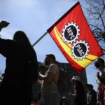 PSAC members at a federal public-service picket line in Gatineau in April 2023.
