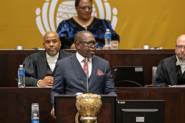 South African Finance Minister Enoch Godongwana delivering the 2026 Medium-Term Budget Policy Statement in Cape Town.