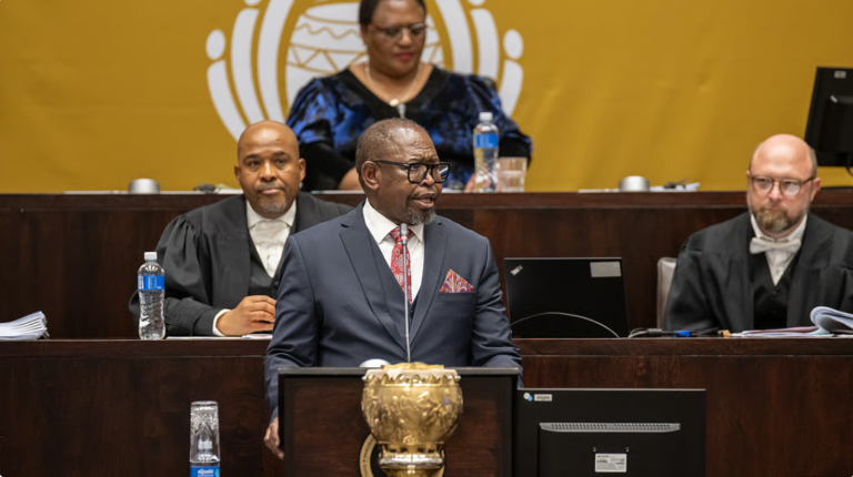 South African Finance Minister Enoch Godongwana delivering the 2026 Medium-Term Budget Policy Statement in Cape Town.