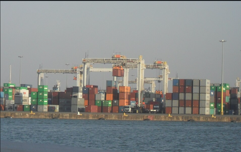 Freight trucks and container operations at the Port of Durban, South Africa.