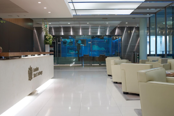 Exterior of the London Stock Exchange building in Paternoster Square, London.