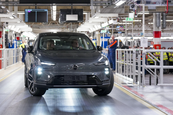 Volvo EX60 electric vehicle on the production line in Gothenburg, Sweden.