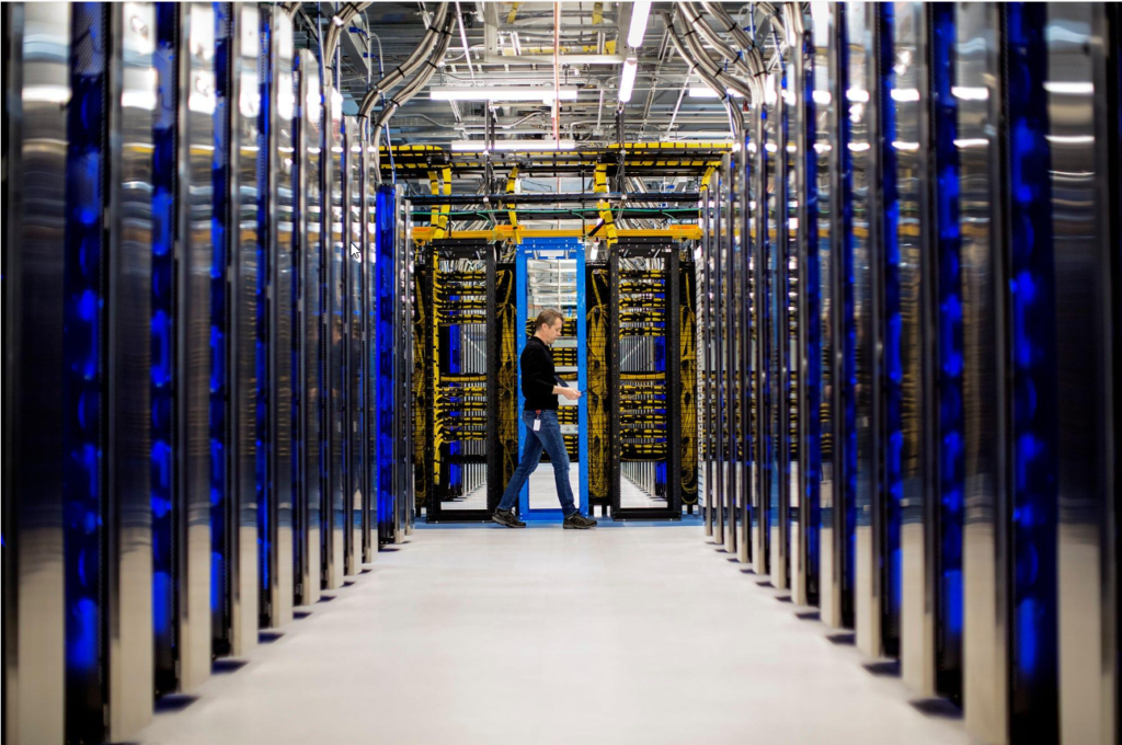 Electronic computing equipment and wiring in server racks at a Canadian research facility.