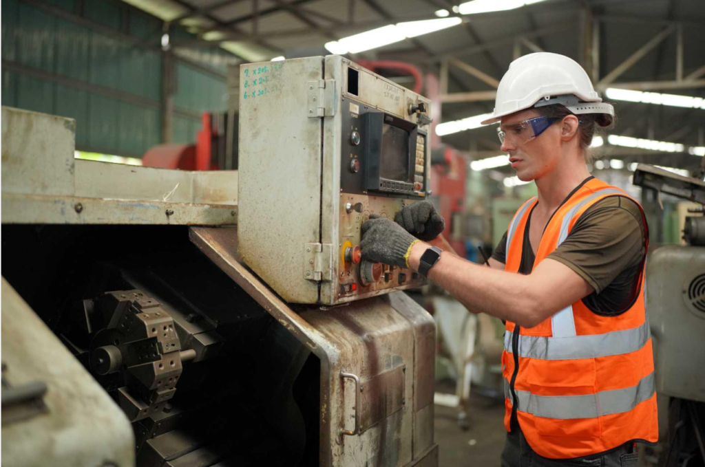 Factory worker operating industrial machinery during production