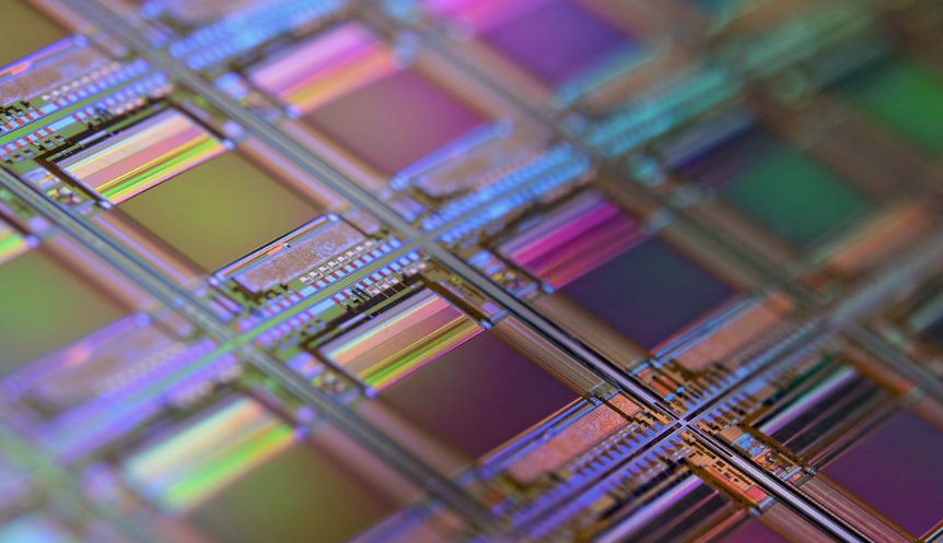 Close-up photograph of a silicon wafer used in semiconductor circuit development