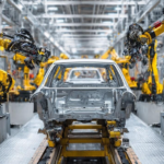 Robotic arms assembling a car chassis on an automotive production line