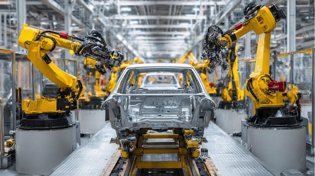 Robotic arms assembling a car chassis on an automotive production line
