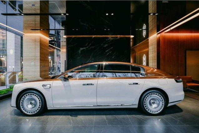 Luxury S800 electric vehicle displayed inside a showroom in Shanghai, China
