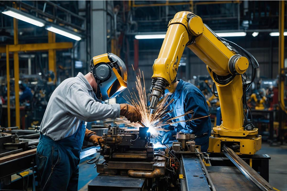 Industrial workers in protective equipment operating robotic welding machinery