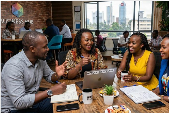 A group of entrepreneurs discussing business plans around a laptop in a coworking space.