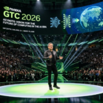 Jensen Huang speaking on stage before a large audience at Nvidia GTC 2026 in San Jose.