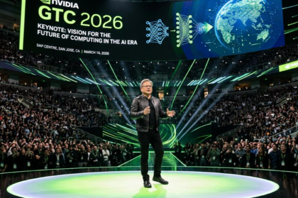 Jensen Huang speaking on stage before a large audience at Nvidia GTC 2026 in San Jose.