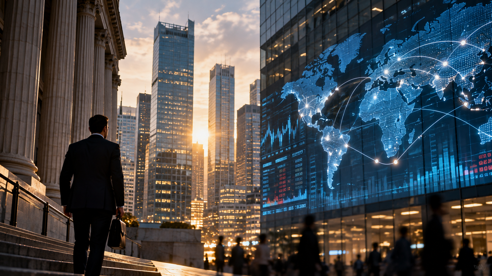 Editorial illustration of a financial district with a digital global network map at sunset