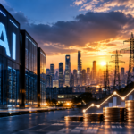 Editorial illustration of an AI data centre, power transmission towers and rising financial markets at sunset