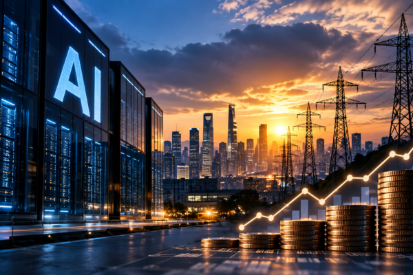 Editorial illustration of an AI data centre, power transmission towers and rising financial markets at sunset