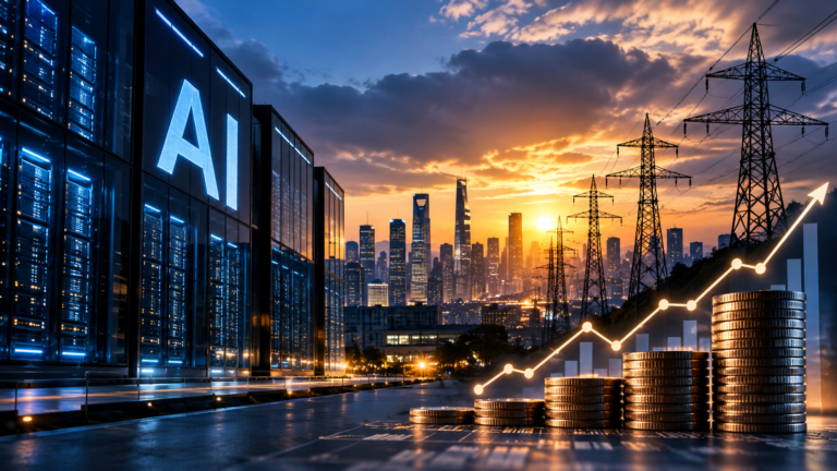 Editorial illustration of an AI data centre, power transmission towers and rising financial markets at sunset