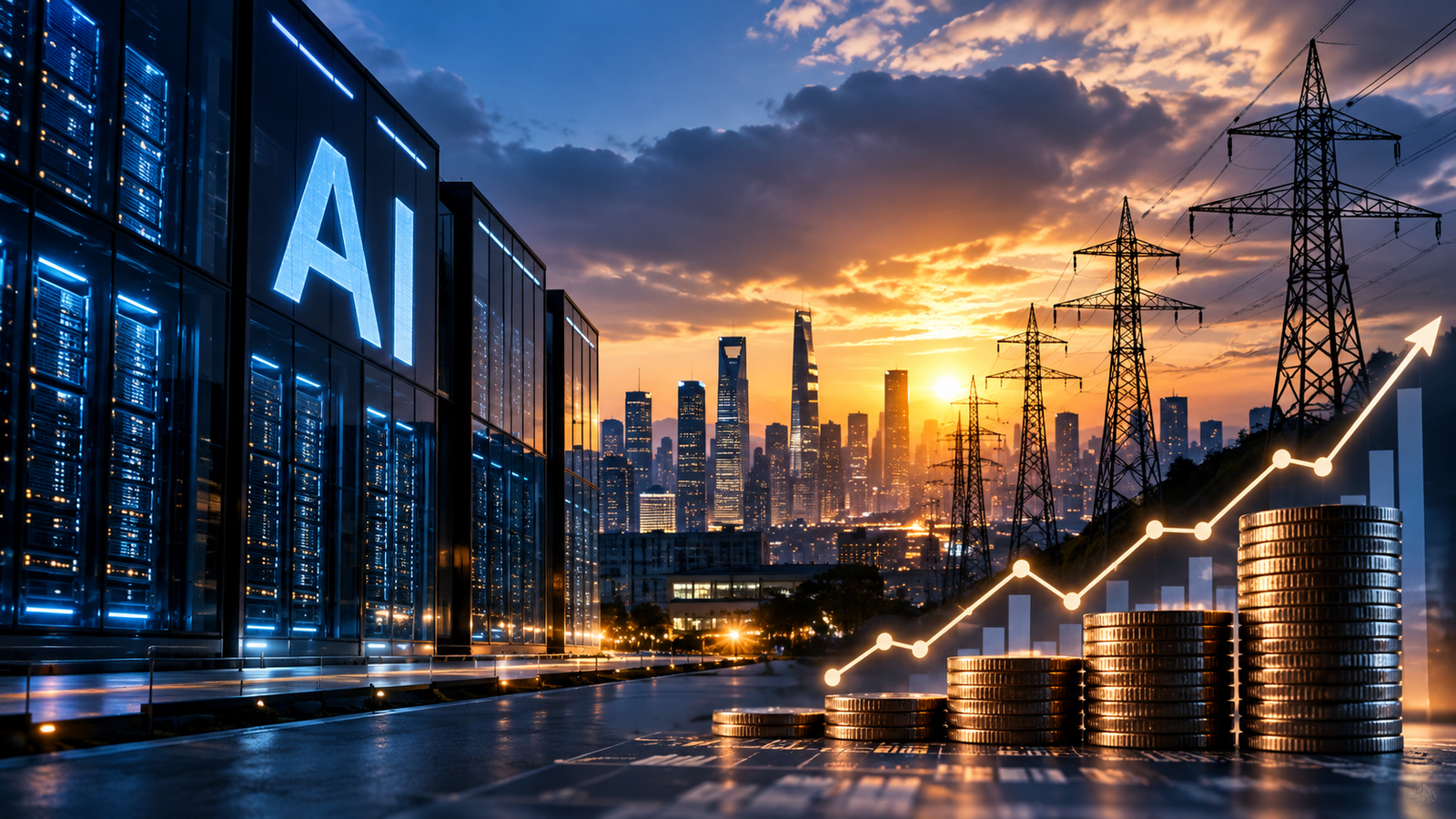 Editorial illustration of an AI data centre, power transmission towers and rising financial markets at sunset